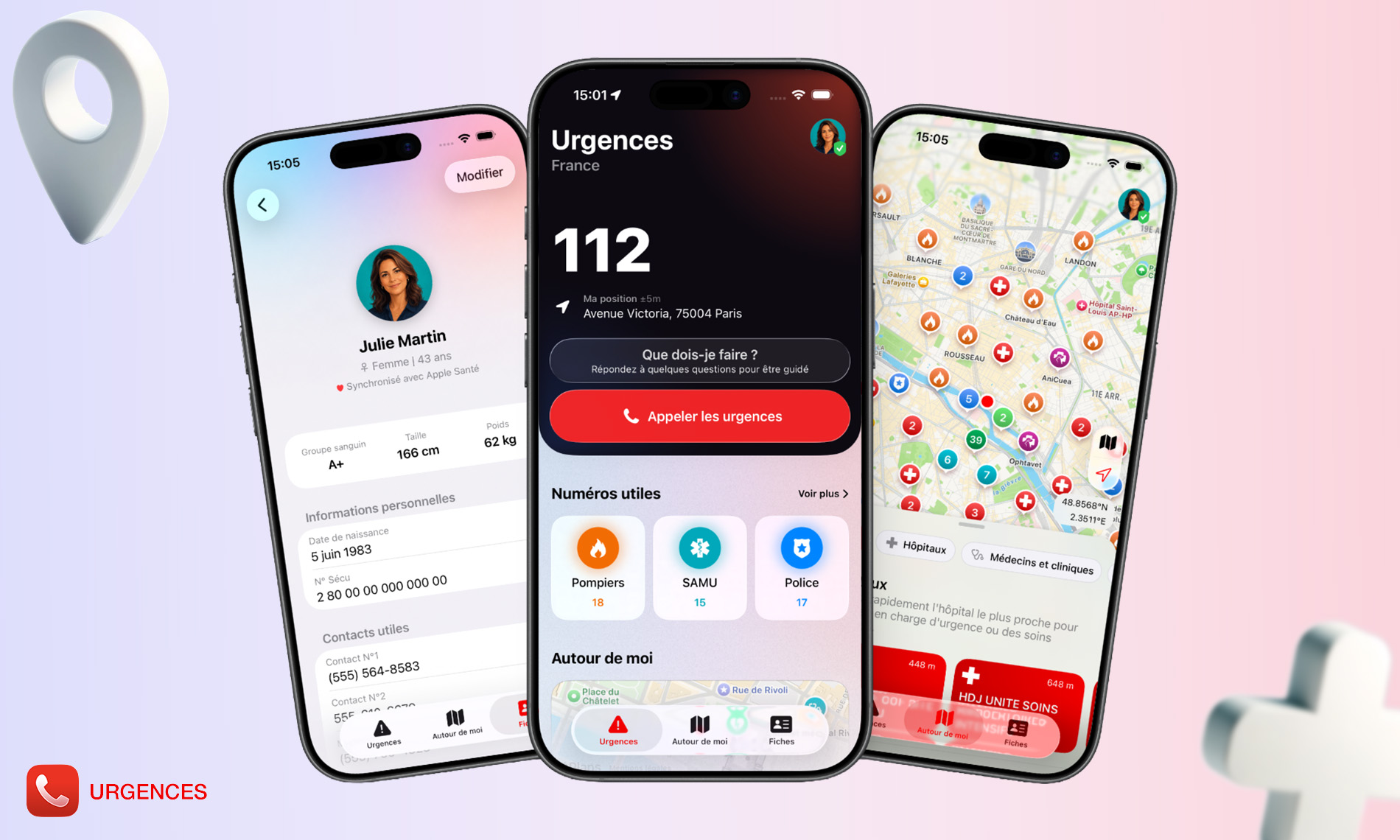 Application Urgences sur iPhone avec appels d'urgence, carte des lieux utiles, fiches médicales, widgets et aide guidée